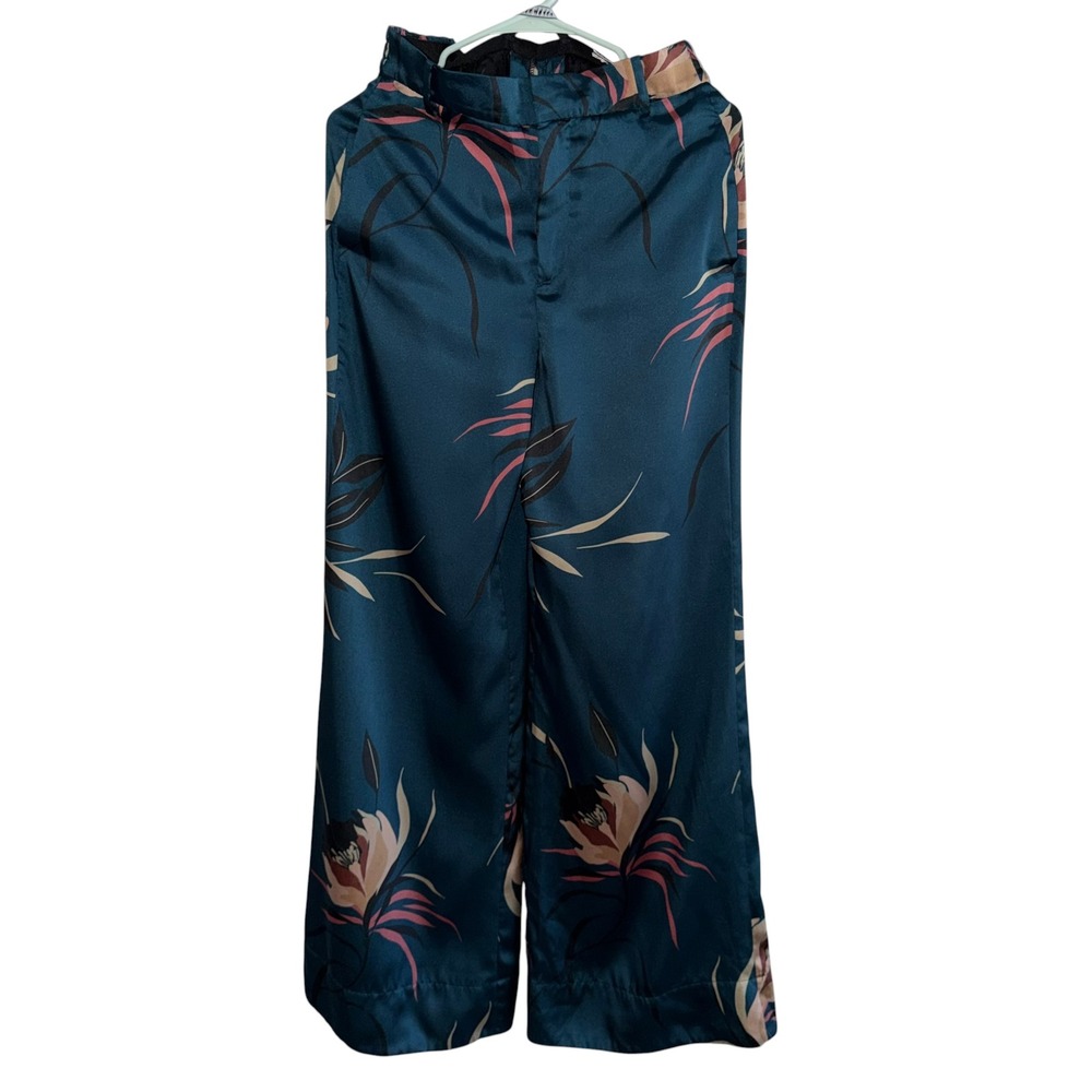 Zara Woman Teal Floral Wide Leg Palazzo Pants S High Rise Flowy - Picture 10 of 11